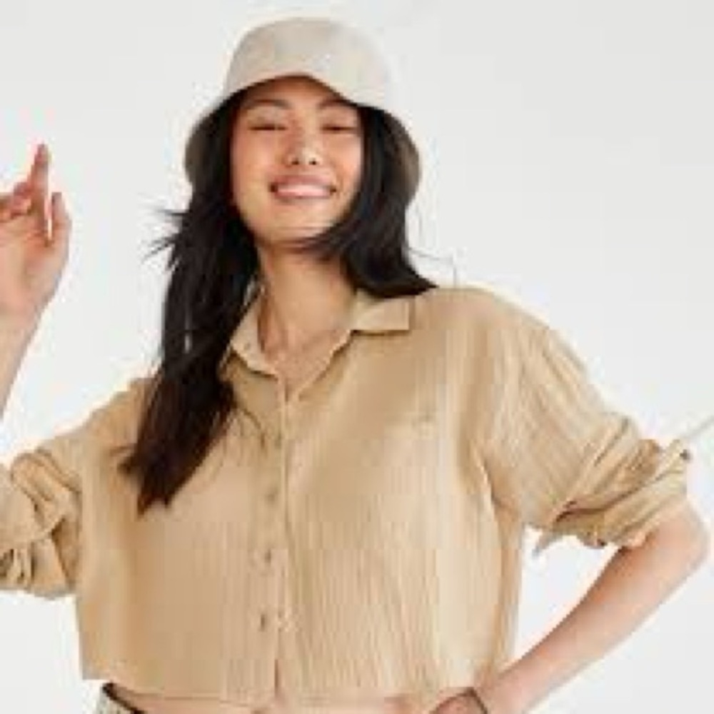 Carly Jean Los Angeles Gauze button down lightweight tan top